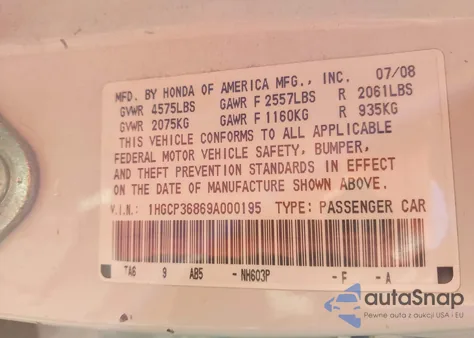 2009 Honda Accord 3.5 Ex-L from USA, damaged, VIN 1HGCP36869A000195